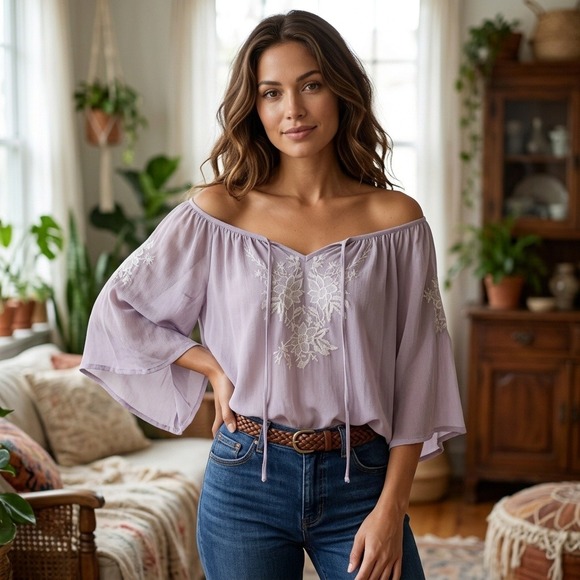World Market Tops - Fairycore Festival World Market Lilac Floral Embroidered Tie Neck Blouse Sz S M